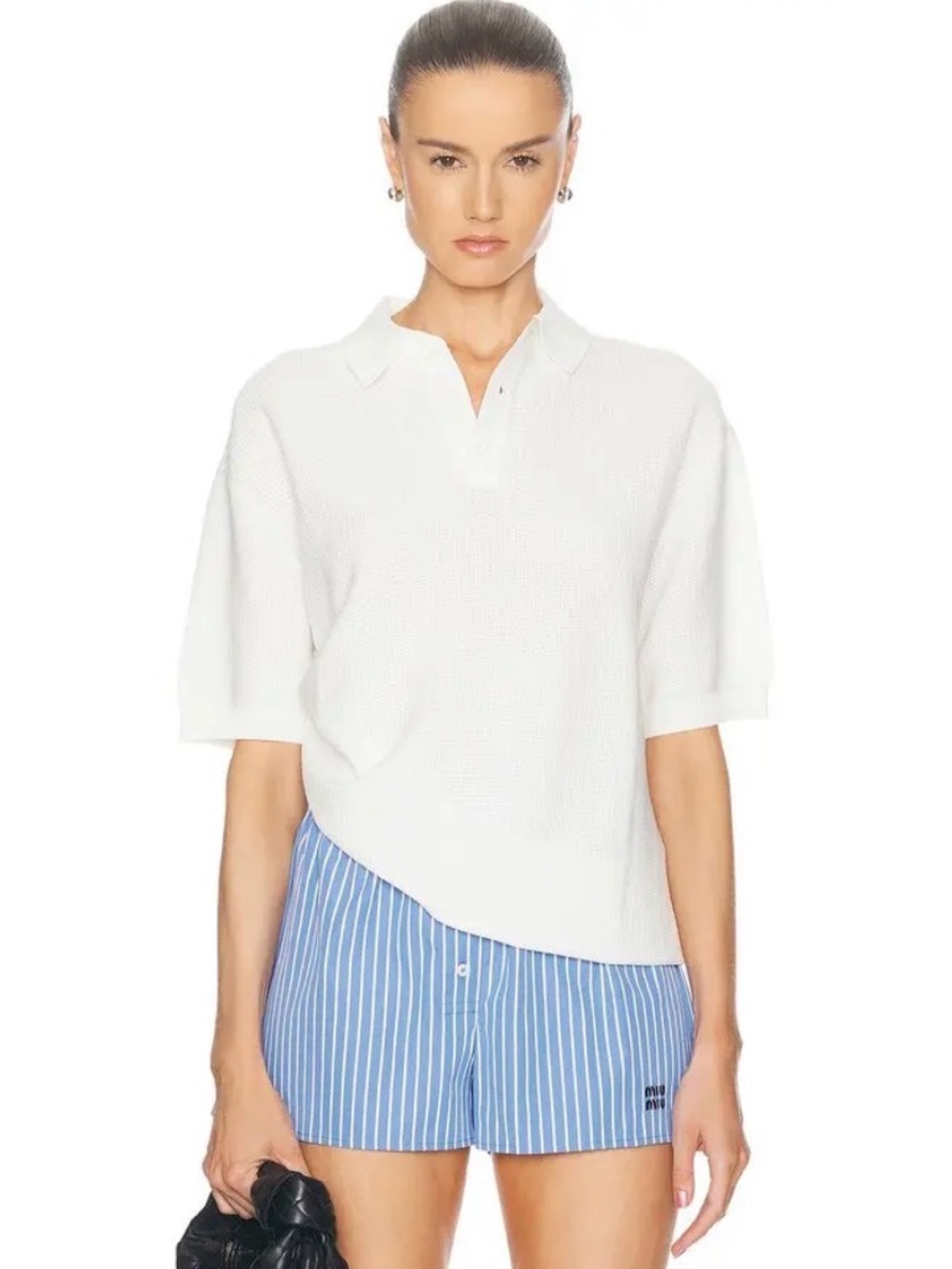 White Short-Sleeve V-Notch Polo Knit Top